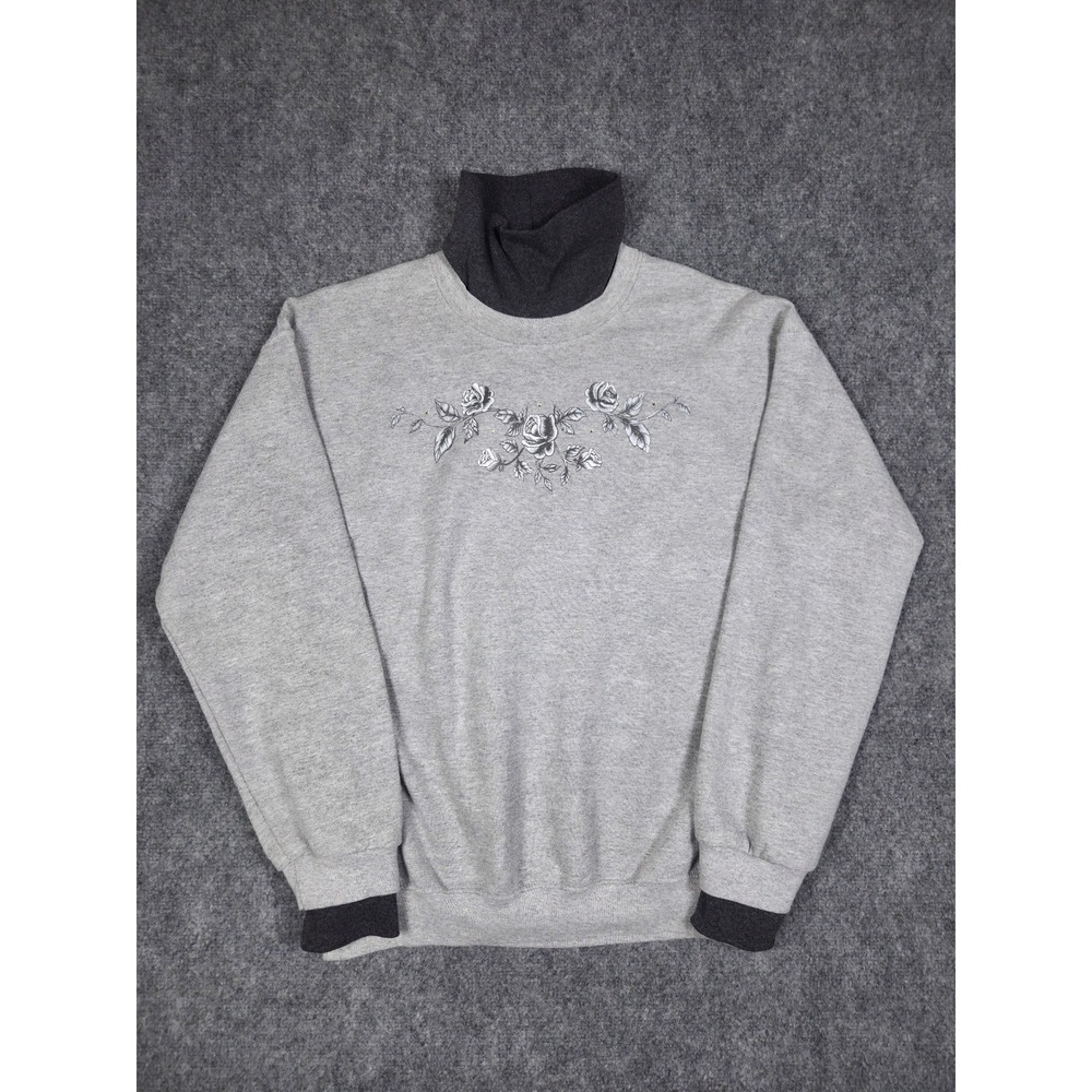 Vintage PFI Fashions Sweatshirt Womens Large Grey Floral Turtleneck Layered Look